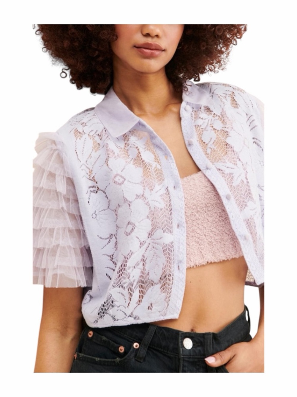 NEW‎ Free People Madonna Cropped Lace
Lavender Button-Front Top Size Large